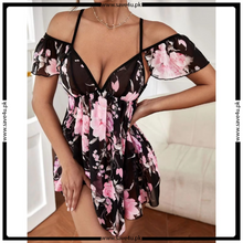 Load image into Gallery viewer, Classic Floral Print Mesh Satin Nighty
