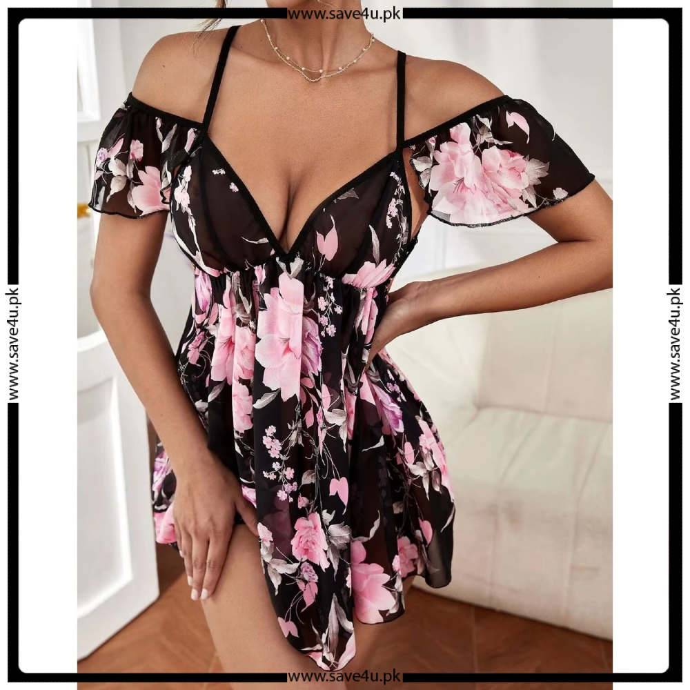 Classic Floral Print Mesh Satin Nighty